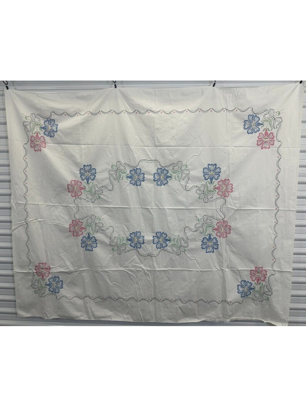 Hand Embroidered Cotton? Floral Vintage Tablecloth Topper Pink Blue Green Flower